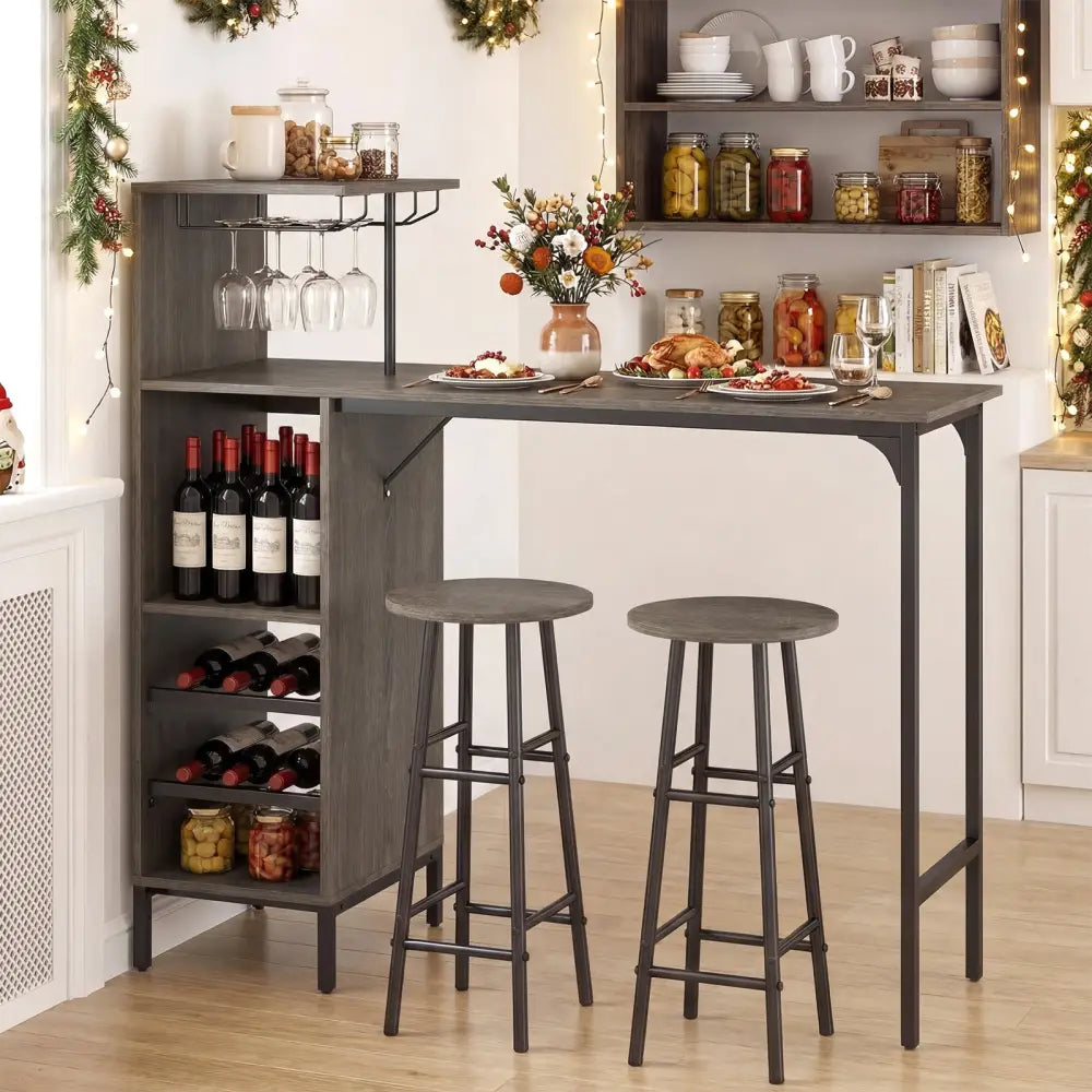 3 Piece Bar Table and Chairs Set with 6-Bottle Wine Rack-Oak - Oak - Dining Room Sets