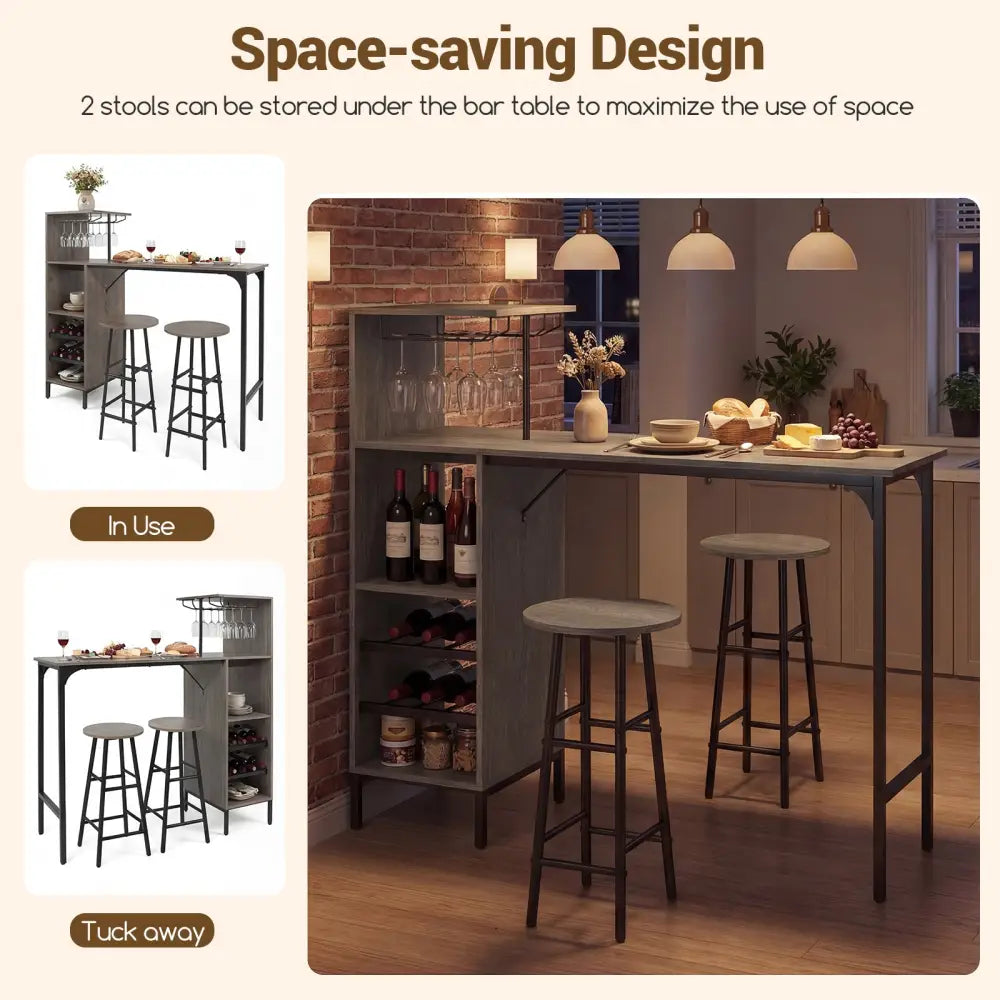 3 Piece Bar Table and Chairs Set with 6-Bottle Wine Rack-Oak - Oak - Dining Room Sets