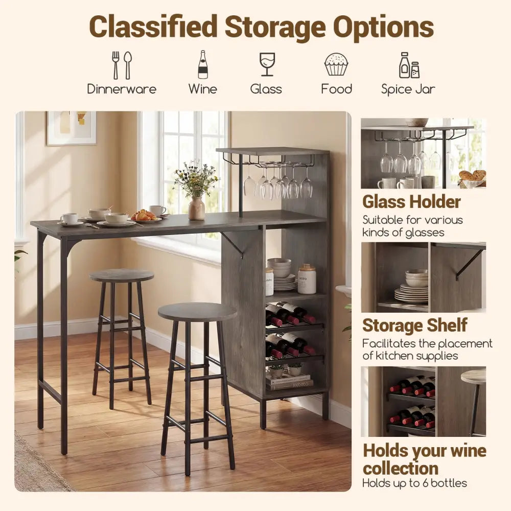 3 Piece Bar Table and Chairs Set with 6-Bottle Wine Rack-Oak - Oak - Dining Room Sets