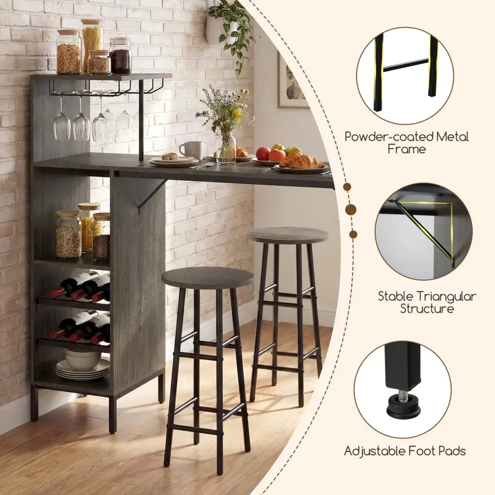 3 Piece Bar Table and Chairs Set with 6-Bottle Wine Rack-Oak - Oak - Dining Room Sets