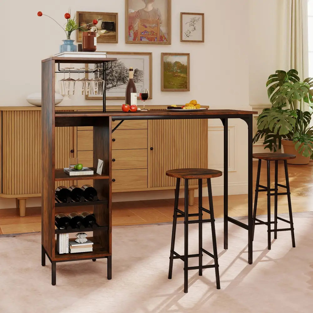 3 Piece Bar Table and Chairs Set with 6-Bottle Wine Rack-Rustic Brown - Rustic Brown - Dining Room Sets
