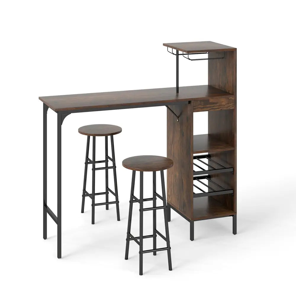 3 Piece Bar Table and Chairs Set with 6-Bottle Wine Rack-Rustic Brown - Rustic Brown - Dining Room Sets