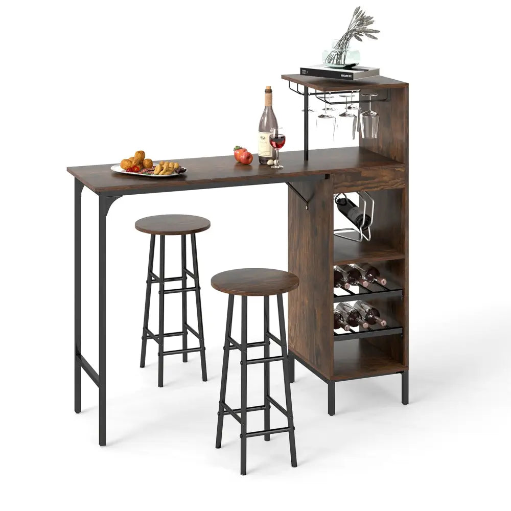 3 Piece Bar Table and Chairs Set with 6-Bottle Wine Rack-Rustic Brown - Rustic Brown - Dining Room Sets