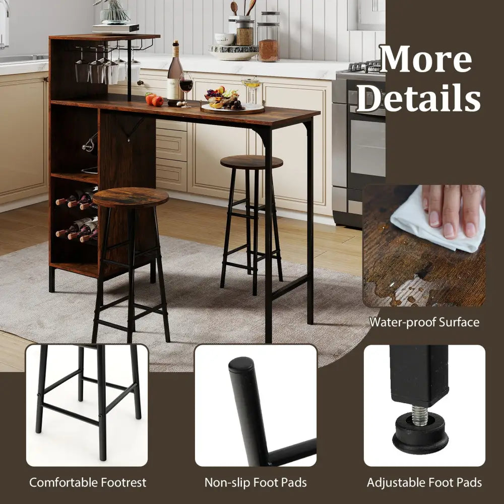 3 Piece Bar Table and Chairs Set with 6-Bottle Wine Rack-Rustic Brown - Rustic Brown - Dining Room Sets