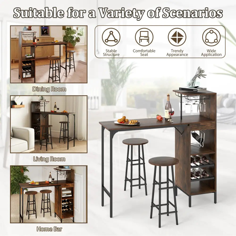 3 Piece Bar Table and Chairs Set with 6-Bottle Wine Rack-Rustic Brown - Rustic Brown - Dining Room Sets
