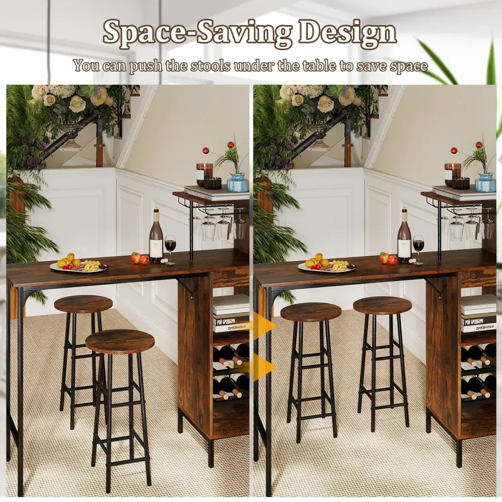 3 Piece Bar Table and Chairs Set with 6-Bottle Wine Rack-Rustic Brown - Rustic Brown - Dining Room Sets