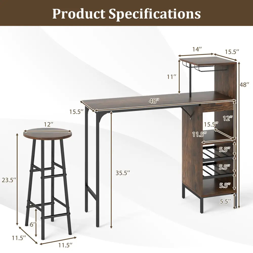 3 Piece Bar Table and Chairs Set with 6-Bottle Wine Rack-Rustic Brown - Rustic Brown - Dining Room Sets