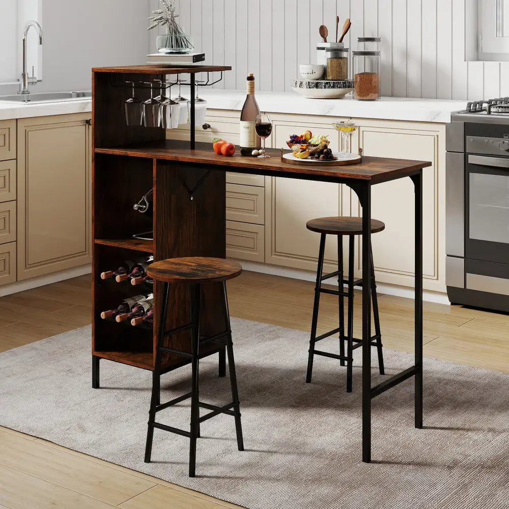 3 Piece Bar Table and Chairs Set with 6-Bottle Wine Rack-Rustic Brown - Rustic Brown - Dining Room Sets