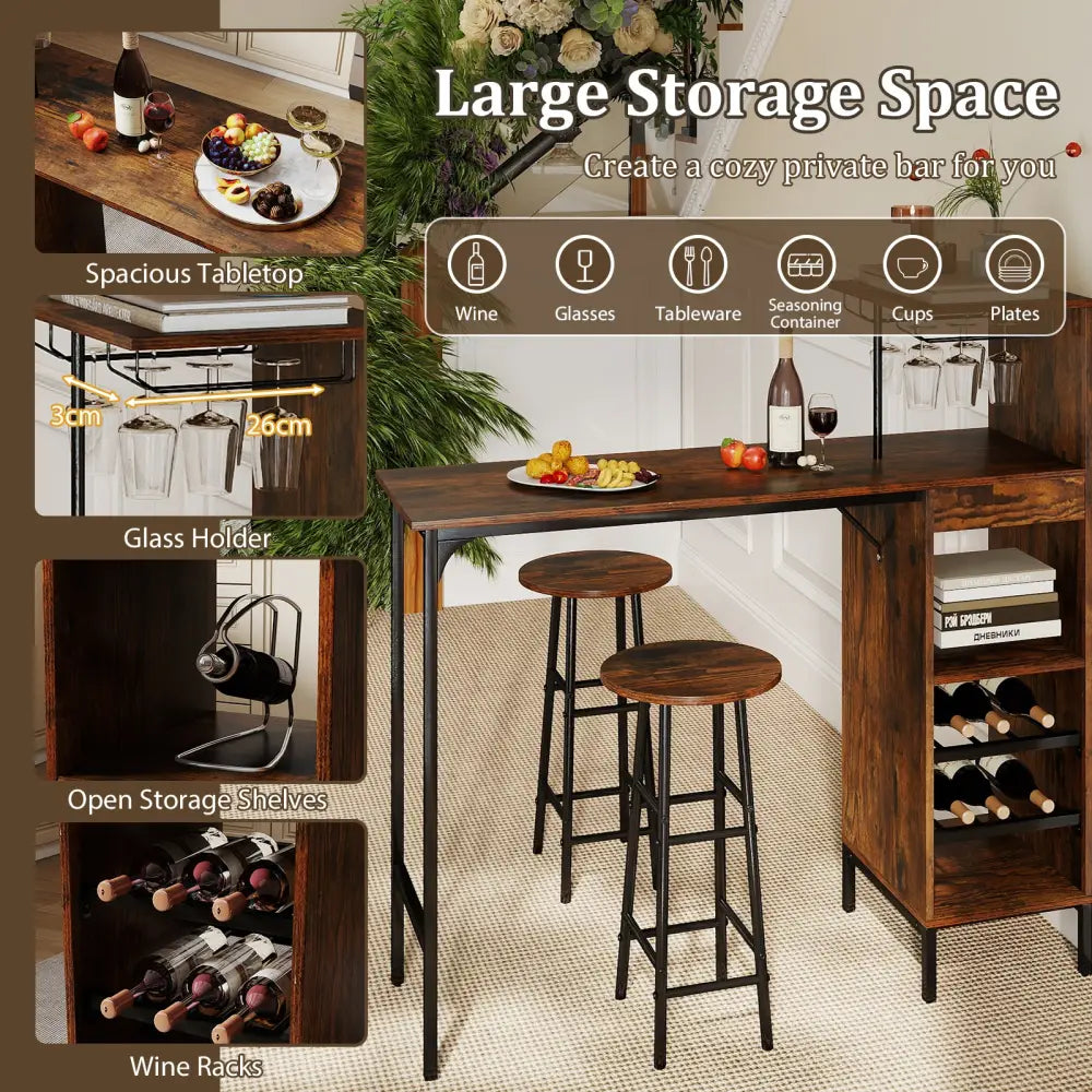 3 Piece Bar Table and Chairs Set with 6-Bottle Wine Rack-Rustic Brown - Rustic Brown - Dining Room Sets