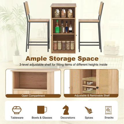 3-Piece Bar Table and Chairs Set with Storage Shelves and Footrests-Natural Costway