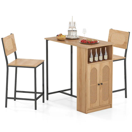 3-Piece Bar Table and Chairs Set with Storage Shelves and Footrests-Natural Costway