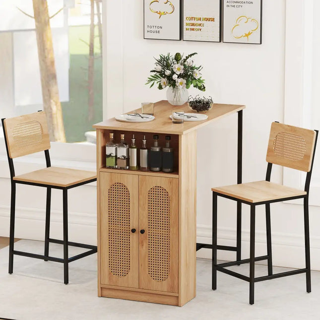 3-Piece Bar Table and Chairs Set with Storage Shelves and Footrests-Natural Costway