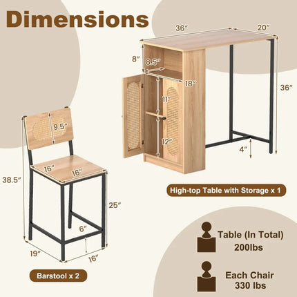 3-Piece Bar Table and Chairs Set with Storage Shelves and Footrests-Natural Costway