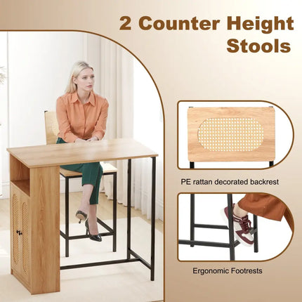 3-Piece Bar Table and Chairs Set with Storage Shelves and Footrests-Natural Costway