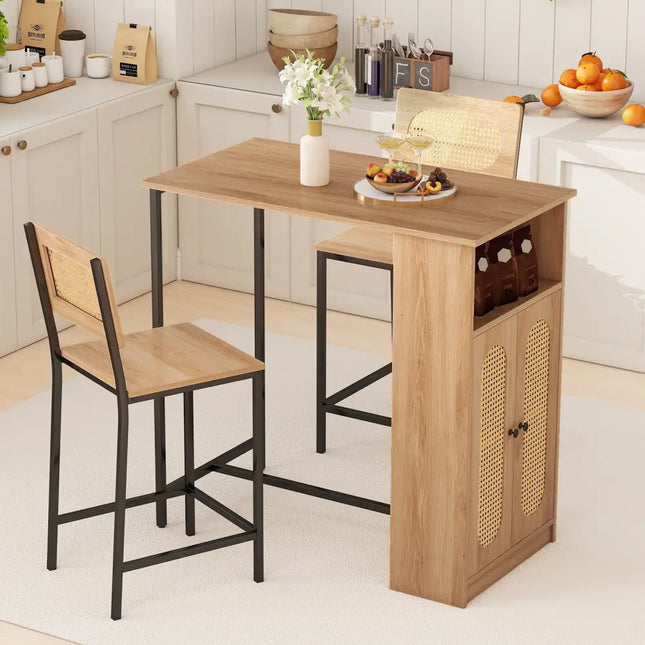 3-Piece Bar Table and Chairs Set with Storage Shelves and Footrests-Natural Costway