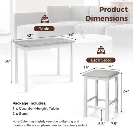 3-Piece Bar Table Set Dining Table and 2 Bar Stools-White Costway