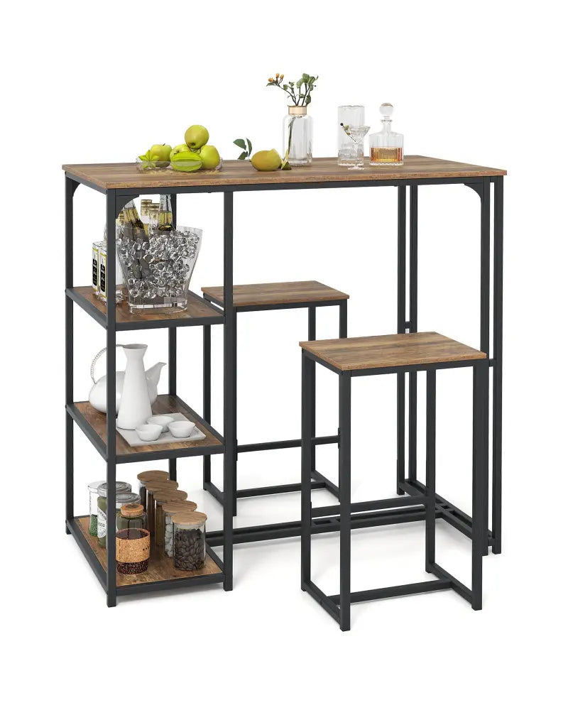 3-Piece Bar Table Set for 2 Bar-Height Dining Table with 2 Stools-Rustic Brown - Rustic Brown - Dining Room Sets