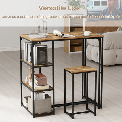 3-Piece Bar Table Set for 2 Bar-Height Dining Table with 2 Stools-Rustic Brown Costway