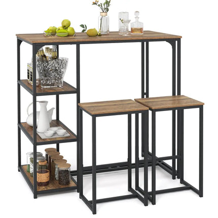3-Piece Bar Table Set for 2 Bar-Height Dining Table with 2 Stools-Rustic Brown Costway
