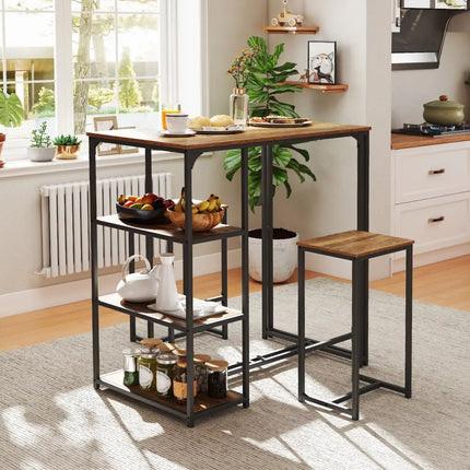 3-Piece Bar Table Set for 2 Bar-Height Dining Table with 2 Stools-Rustic Brown Costway