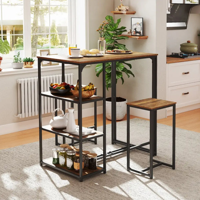 3-Piece Bar Table Set for 2 Bar-Height Dining Table with 2 Stools-Rustic Brown Costway