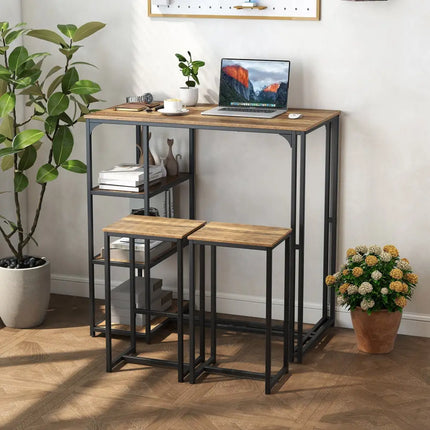 3-Piece Bar Table Set for 2 Bar-Height Dining Table with 2 Stools-Rustic Brown Costway