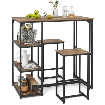 3-Piece Bar Table Set for 2 Bar-Height Dining Table with 2 Stools-Rustic Brown Costway
