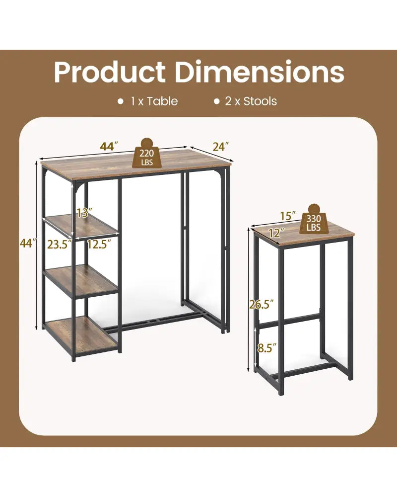3-Piece Bar Table Set for 2 Bar-Height Dining Table with 2 Stools-Rustic Brown - Rustic Brown - Dining Room Sets
