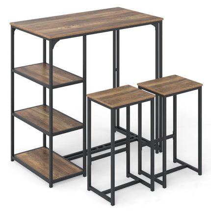 3-Piece Bar Table Set for 2 Bar-Height Dining Table with 2 Stools-Rustic Brown Costway