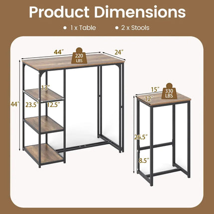 3-Piece Bar Table Set for 2 Bar-Height Dining Table with 2 Stools-Rustic Brown Costway