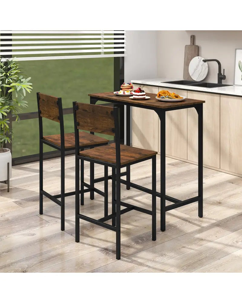3 Piece Bar Table Set with Backrest and Footrest for Small Space-Rustic Brown - Rustic Brown - Patio Bar Furniture