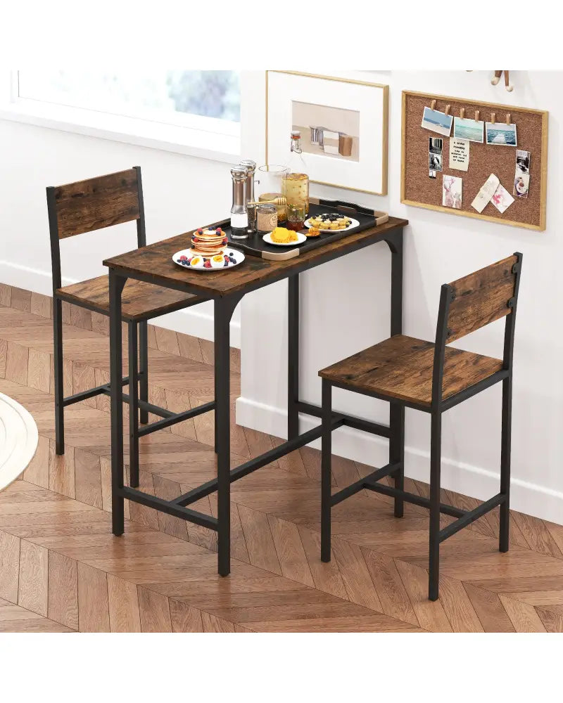 3 Piece Bar Table Set with Backrest and Footrest for Small Space-Rustic Brown - Rustic Brown - Patio Bar Furniture