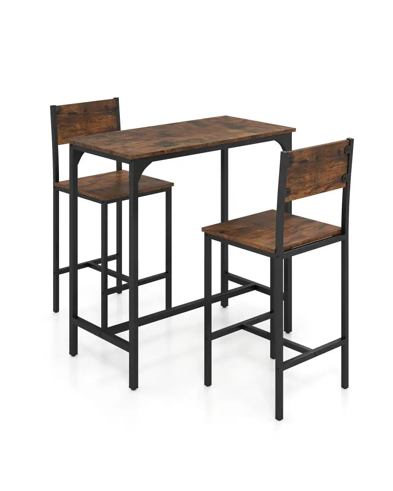 3 Piece Bar Table Set with Backrest and Footrest for Small Space-Rustic Brown - Rustic Brown - Patio Bar Furniture