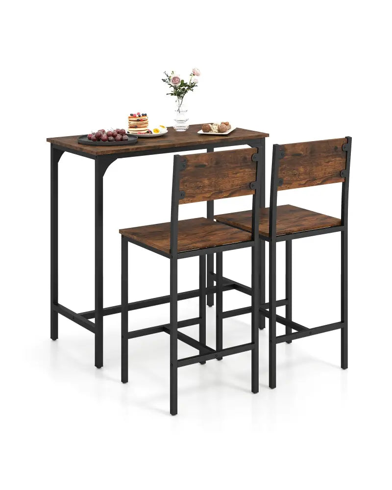 3 Piece Bar Table Set with Backrest and Footrest for Small Space-Rustic Brown - Rustic Brown - Patio Bar Furniture