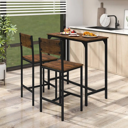 3 Piece Bar Table Set with Backrest and Footrest for Small Space-Rustic Brown - Rustic Brown - Patio Bar Furniture