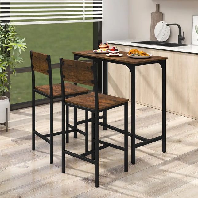 3 Piece Bar Table Set with Backrest and Footrest for Small Space-Rustic Brown - Rustic Brown - Patio Bar Furniture