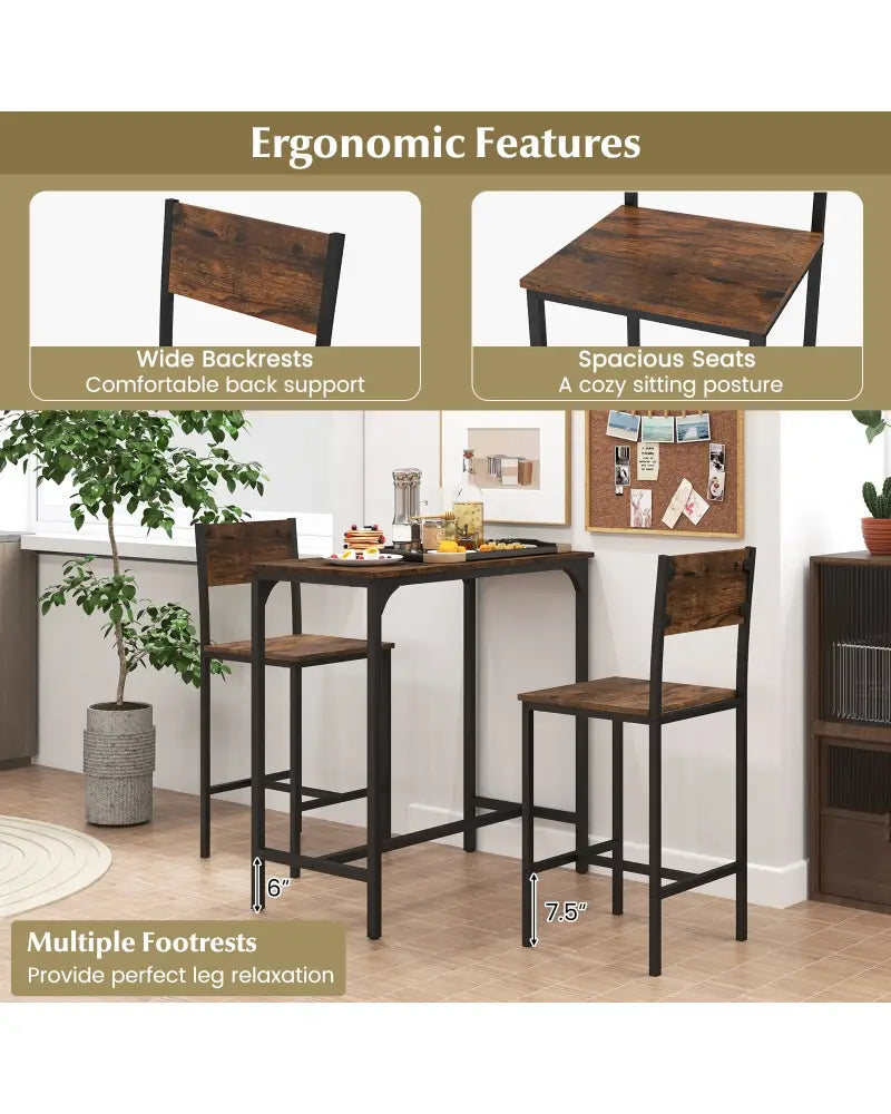 3 Piece Bar Table Set with Backrest and Footrest for Small Space-Rustic Brown - Rustic Brown - Patio Bar Furniture