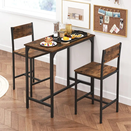 3 Piece Bar Table Set with Backrest and Footrest for Small Space-Rustic Brown - Rustic Brown - Patio Bar Furniture