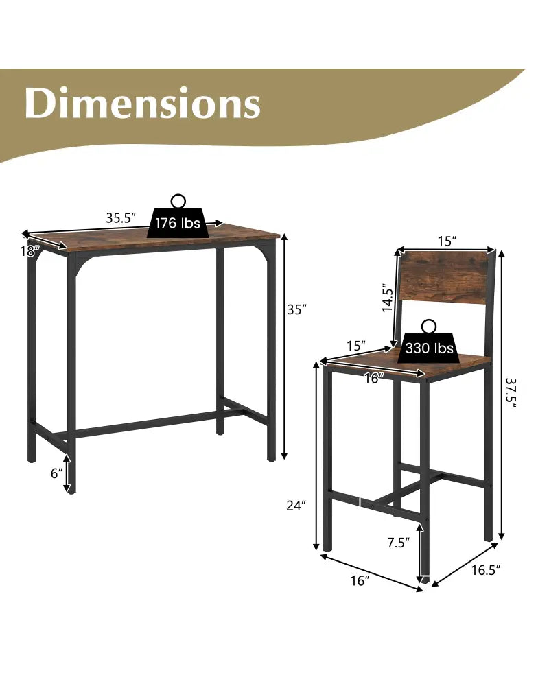 3 Piece Bar Table Set with Backrest and Footrest for Small Space-Rustic Brown - Rustic Brown - Patio Bar Furniture