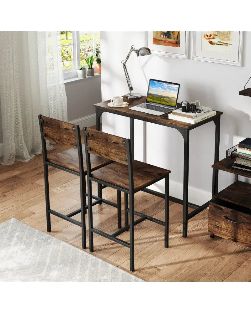 3 Piece Bar Table Set with Backrest and Footrest for Small Space-Rustic Brown - Rustic Brown - Patio Bar Furniture