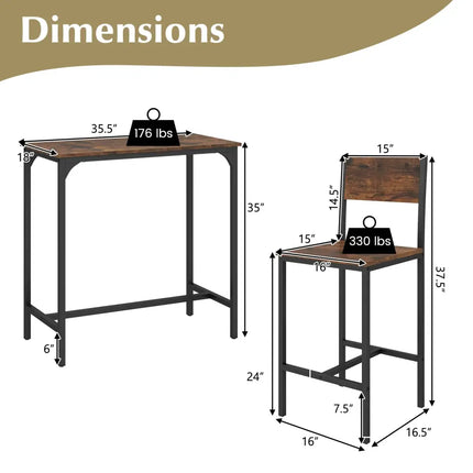 3 Piece Bar Table Set with Backrest and Footrest for Small Space-Rustic Brown - Rustic Brown - Patio Bar Furniture