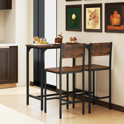 3 Piece Bar Table Set with Backrest and Footrest for Small Space-Rustic Brown - Rustic Brown - Patio Bar Furniture