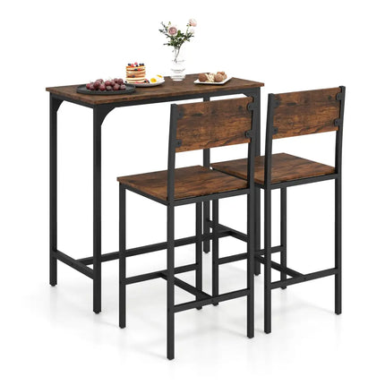 3 Piece Bar Table Set with Backrest and Footrest for Small Space-Rustic Brown - Rustic Brown - Patio Bar Furniture