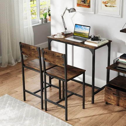 3 Piece Bar Table Set with Backrest and Footrest for Small Space-Rustic Brown - Rustic Brown - Patio Bar Furniture