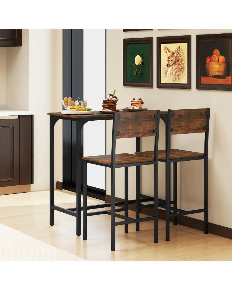 3 Piece Bar Table Set with Backrest and Footrest for Small Space-Rustic Brown - Rustic Brown - Patio Bar Furniture