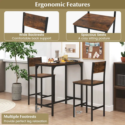 3 Piece Bar Table Set with Backrest and Footrest for Small Space-Rustic Brown - Rustic Brown - Patio Bar Furniture