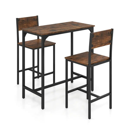 3 Piece Bar Table Set with Backrest and Footrest for Small Space-Rustic Brown - Rustic Brown - Patio Bar Furniture