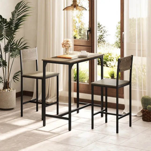 3 Piece Bar Table Set with Backrest and Footrest for Small Space-Gray - Gray - Patio Bar Furniture
