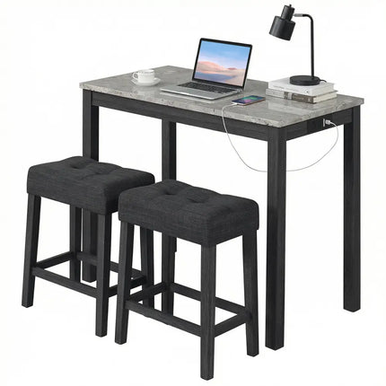 3-Piece Bar Table Set with Charging Station and Faux Marble Top-Gray Costway