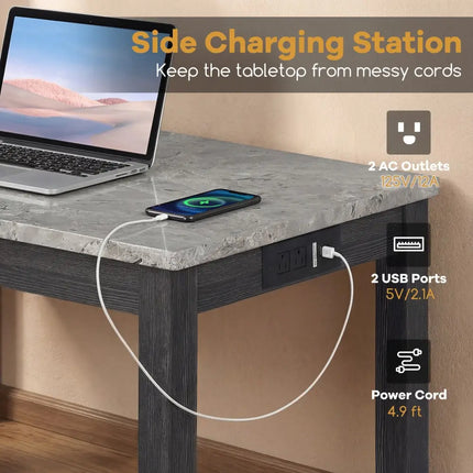 3-Piece Bar Table Set with Charging Station and Faux Marble Top-Gray Costway